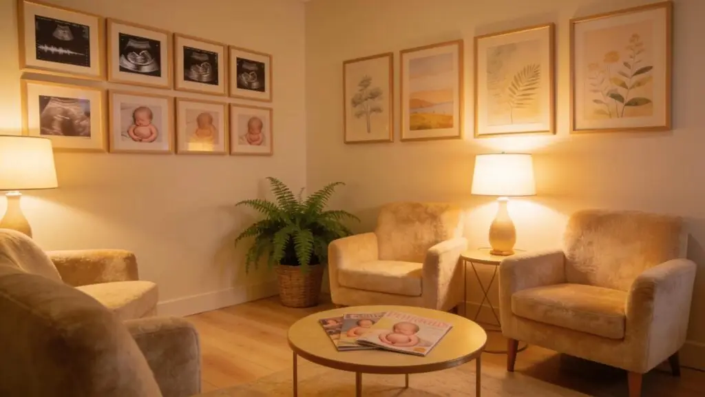 Cozy prenatal ultrasound studio waiting area