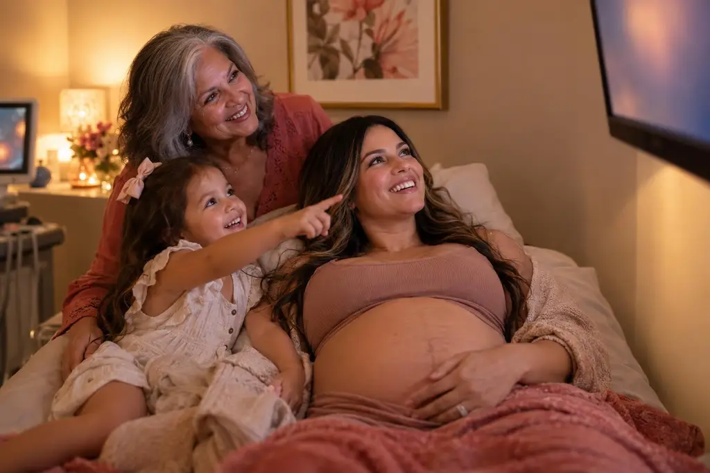 Pregnant mom in a warm scan room as her mother and young child smile during a third-trimester bonding ultrasound