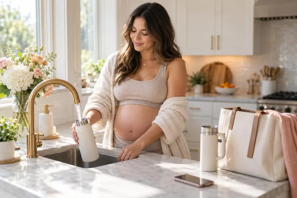 Pregnant mom in comfy clothes smiling with her partner and mother in a warm, softly lit Orlando ultrasound room